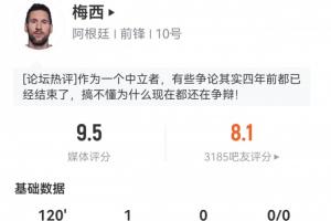 梅西全场表现亮眼：评分高达9.5分！射门、传球、突破、对抗均全场最多