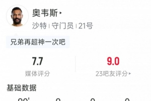 沙特门将奥韦斯神勇表现，9次扑救2次解围，评分7.7分