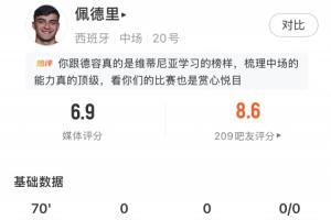 热区图显对方半场密集！佩德里全场表现：传球成功率85.3%，得分6.9分