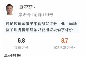 迪亚斯此役数据：1次助攻，3次射门1次射中，2次关键传球，4次成功对抗